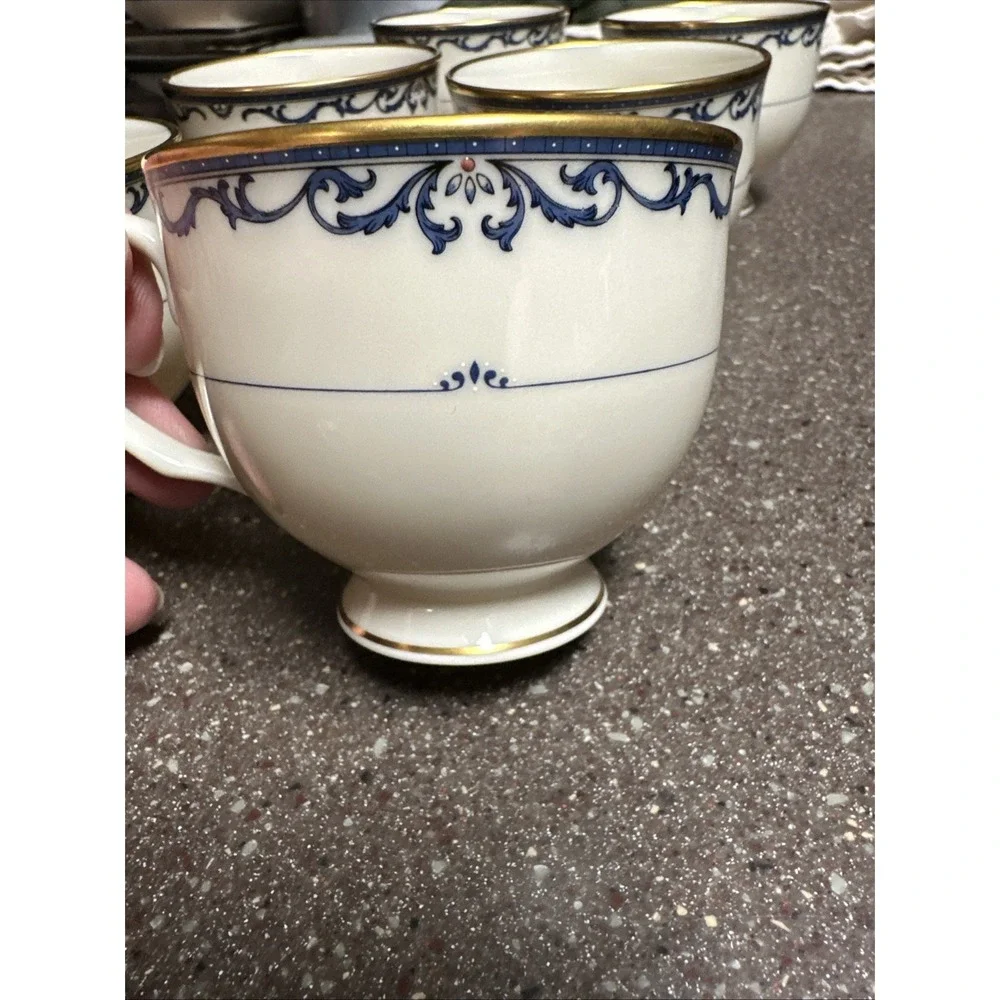 Lenox‎ Liberty Cups Set of 6 Ivory Blue Gold Trim Footed Tea Coffee USA